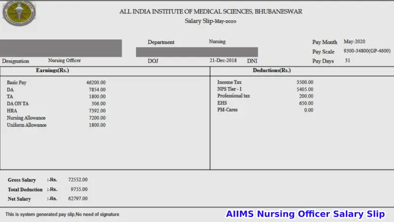 AIIMS Nursing Officer Salary Slip